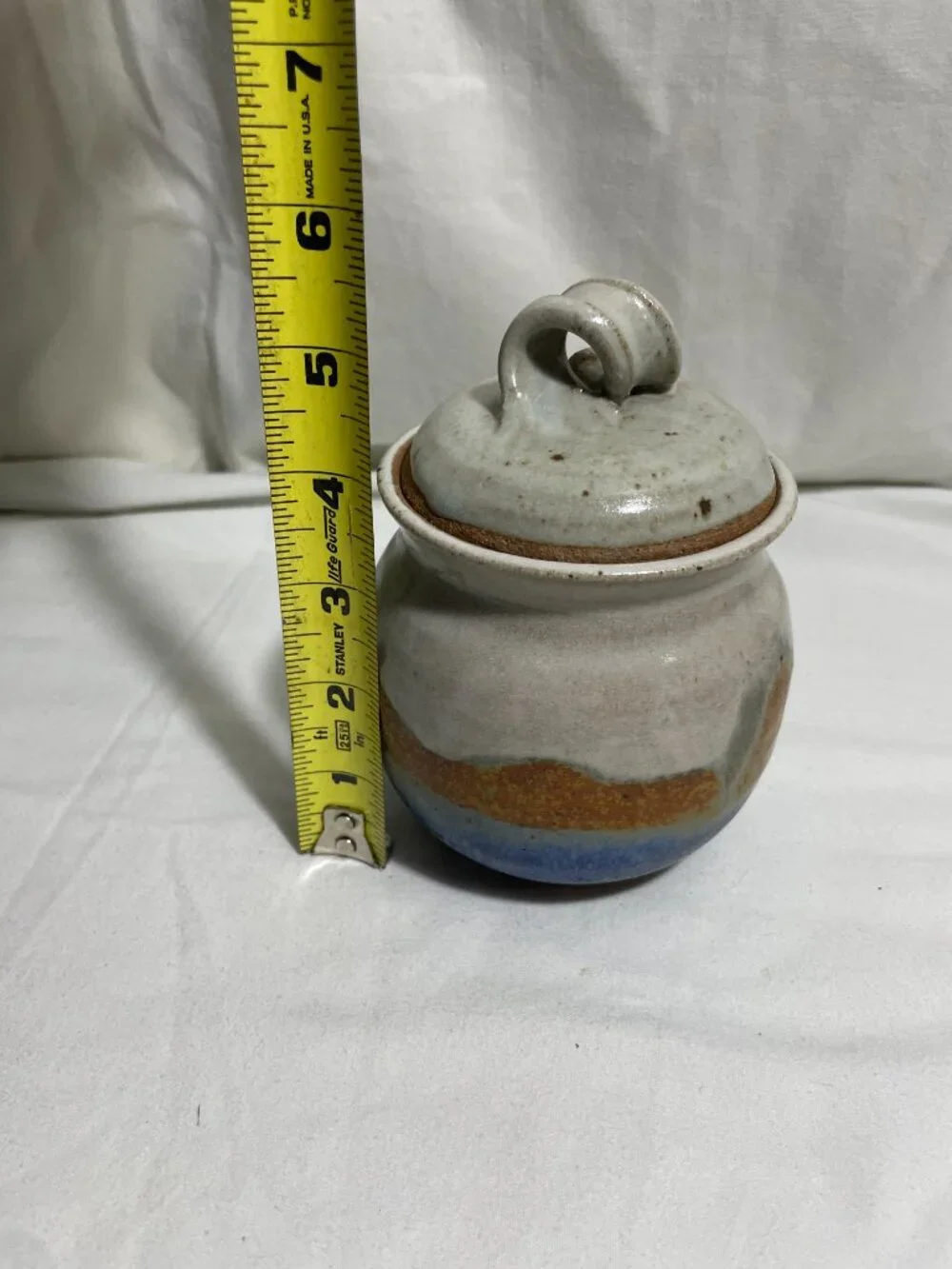 Vintage MCM Studio Stoneware Lidded Sugar Jar Spoon Notch Floral Chop Mark